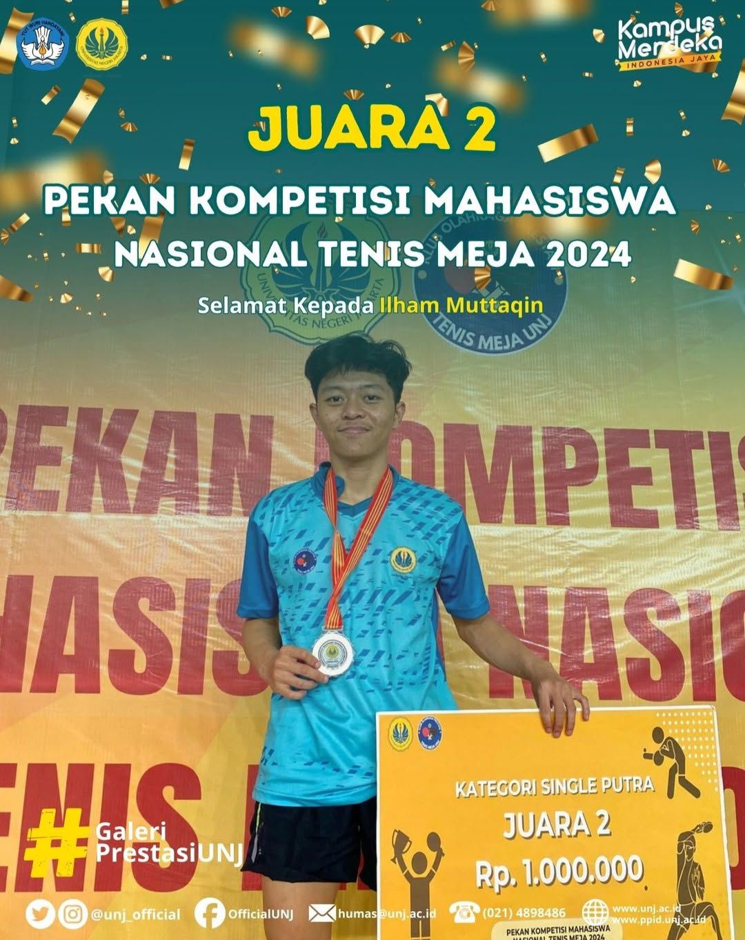 ILHAM MUTTAQIN MAHASISWA FIKK UNJ RAIH JUARA 2 PEKAN KOMPETISI MAHASISWA NASIONAL TENIS MEJA TAHUN 2024