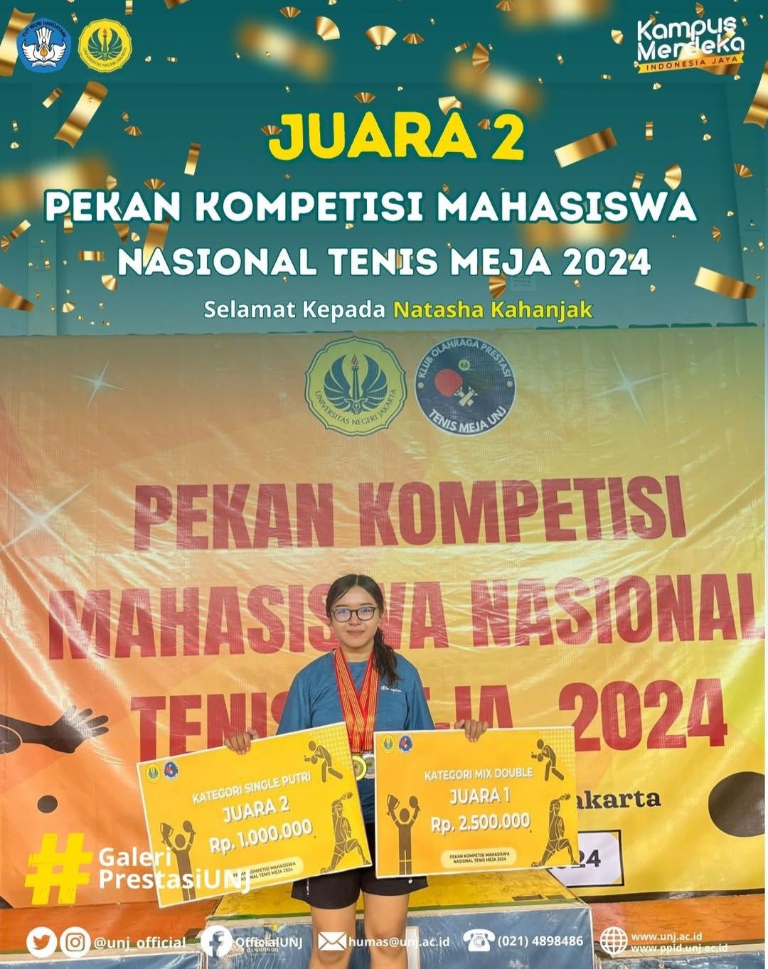 NATASHA KAHANJAK MENJADI JUARA 2 KATEGORI SINGLE PUTRI PADA PEKAN KOMPETISI NASIONAL TENIS MEJA 2024