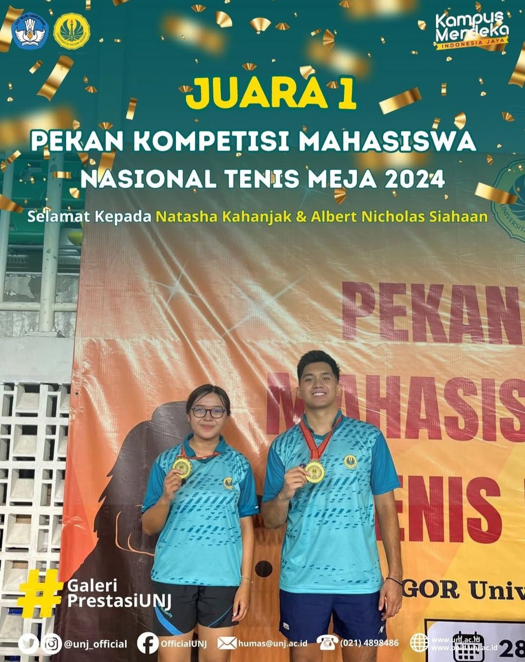 NATASHA DAN ALBERT MAHASISWA FIKK UNJ BERHASIL RAIH JUARA 1 TENIS MEJA DALAM PEKAN KOMPETISI MAHASISWA NASIONAL 2024
