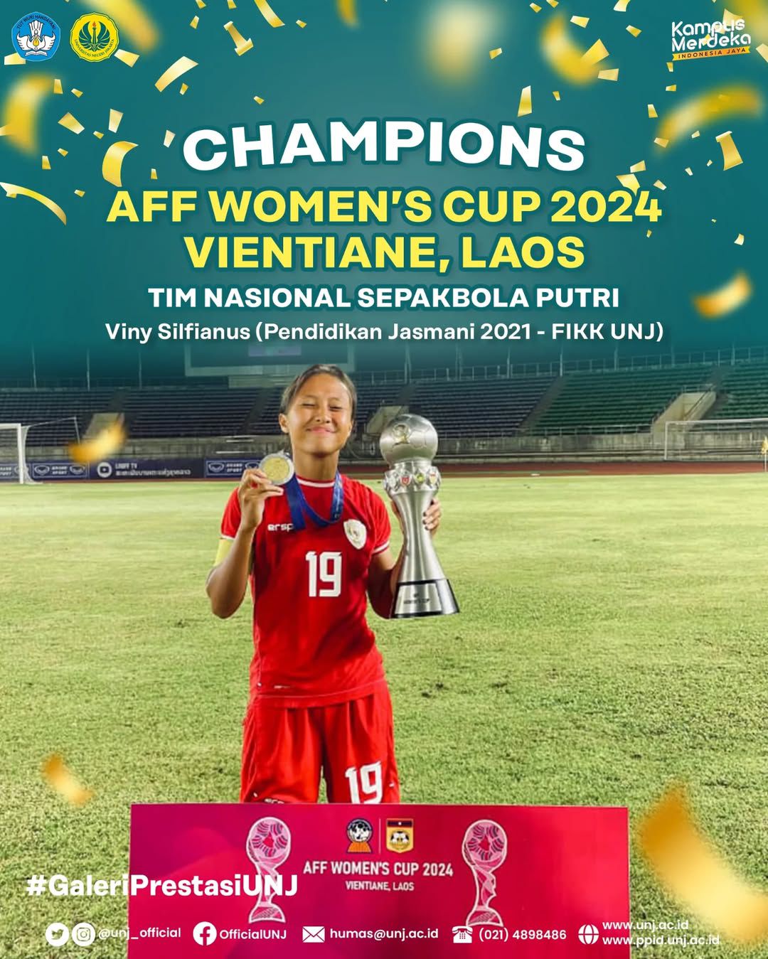 VINY SILVIANUS SELAKU MAHASISWA FIKK UNJ BERHASIL BAWA TIMNAS SEPAKBOLA PUTRI INDONESIA JUARA AFF WOMENS CUP 2024
