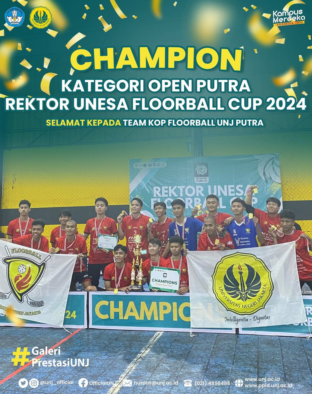 TIM FLOORBALL UNJ PUTRA BERHASIL RAIH JUARA 1 PADA PIALA REKTOR UNESA FLOORBALL CUP 2024